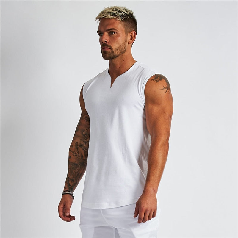 Summer Plain Cotton Fitness Mens Gym Tank Top Curved Hem V neck Gym Stringer Vest Bodybuilding Clothing Muscle Sleeveless Shirt