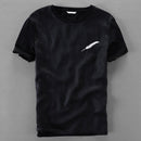 Men Summer Linen Feather Embroidery Solid Minimalism Short Sleeve T-shirt Male Casual T-shirts