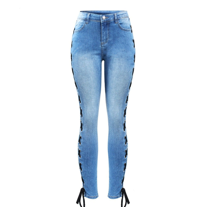 Side Split Bandage Jeans Women`s Stretchy Denim Pants Trousers Jeans For Women