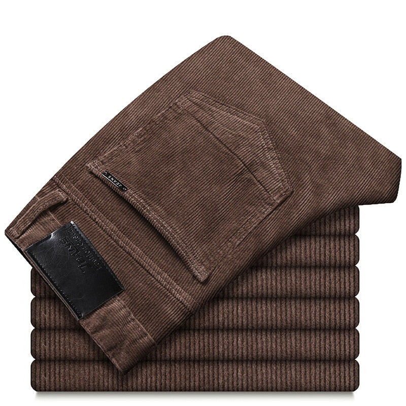 Men Classic Fit Flat Front Pant Casual Mid-Rise Corduroy Trousers Men Black Khaki Brown Summer