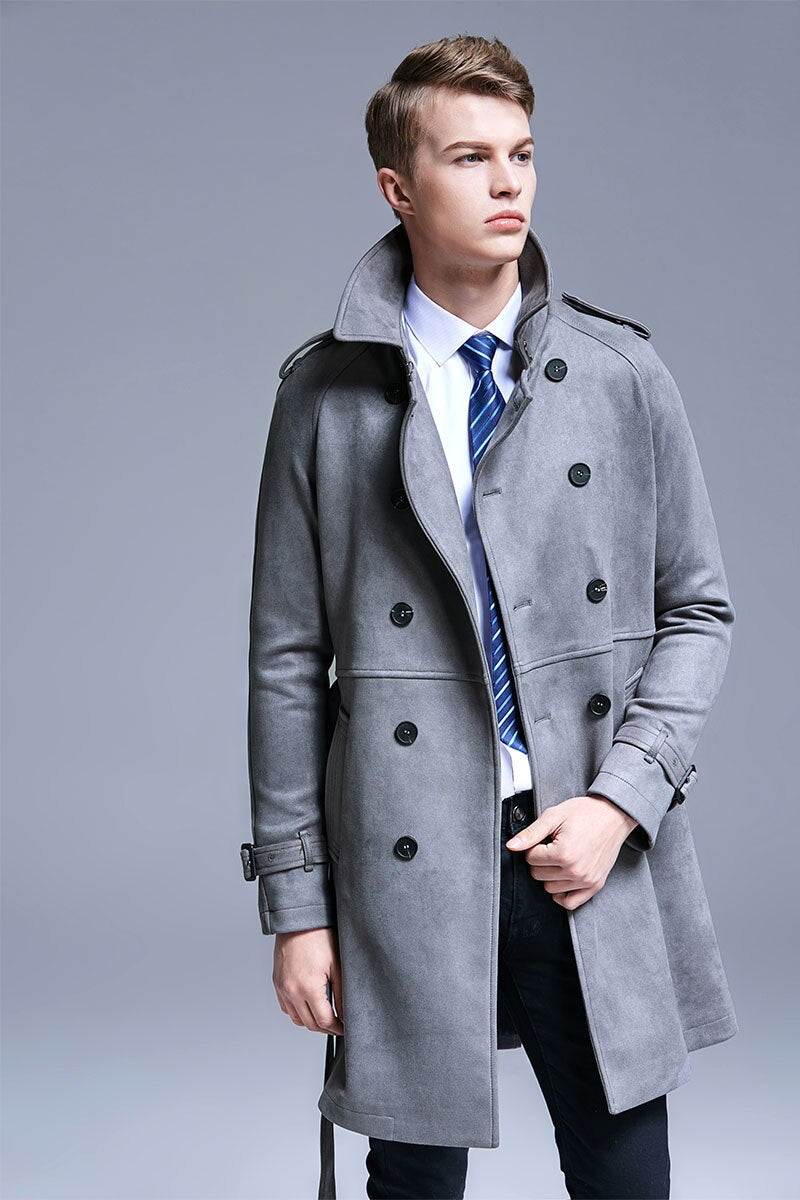 Trench Men Double Breasted Slim Coat Men Solid Color Long Windbreaker Jacket