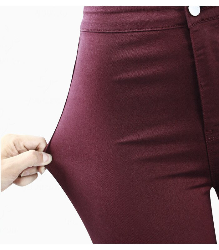 High Waisted Burgundy Elastic Denim Jean Women`s Pants Trousers Skinny Pencil Woman Jeans Femme