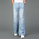 Men Summer Thin Wide Leg Jeans Light Blue Big Straight Long Pants Boot-Cut Casual Business Trousers