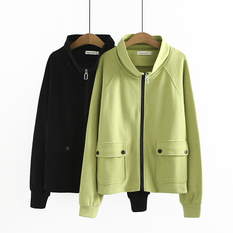 Women Clothing Hoodie Coats Autumn New Loose Casual High Collar Thick And Warm Female Zip Cardigan Jacket