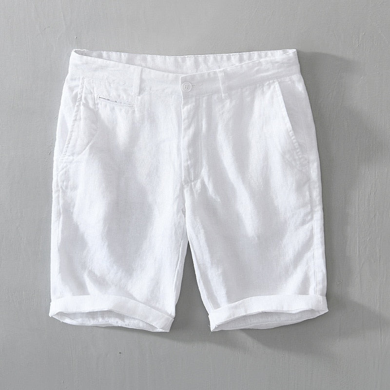 Mid Waist Linen Beach Shorts Summer Men Simple Business Casual Straight Pockets Solid Zipper Work Knee Length Pants