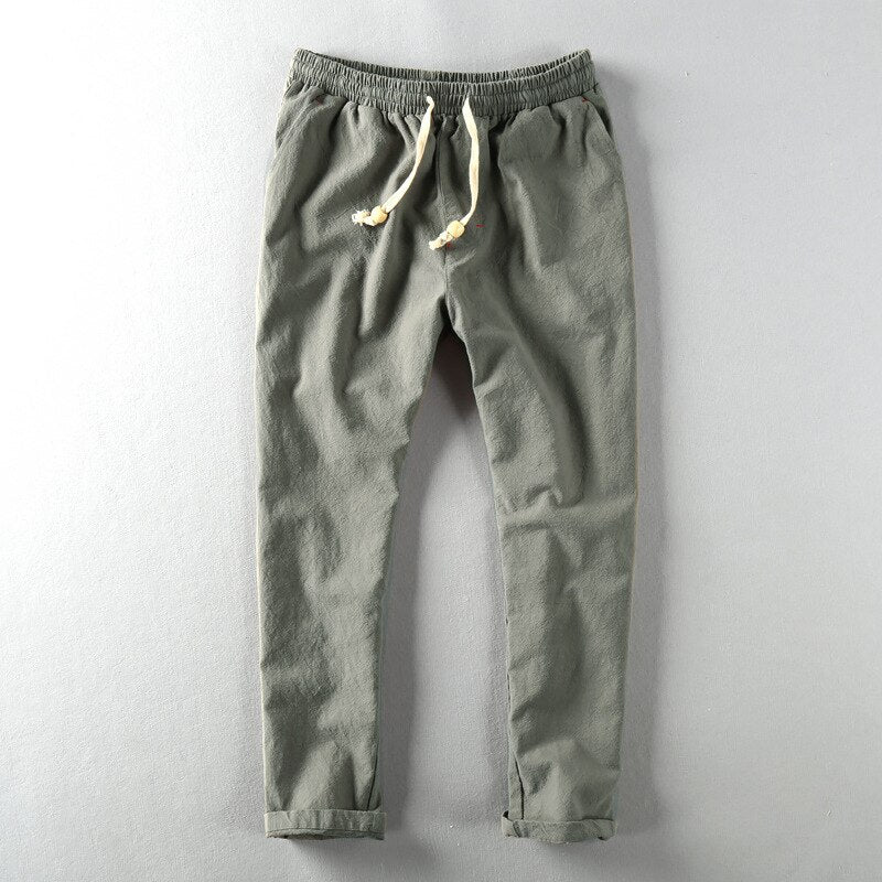 Men Linen Pants Casual Style Simple Sport Jogger Slim-Fit Thin Drawstring Stretch Waist Straight Ankle-Length Trouser