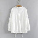 Women Clothing Shirts Autumn Jacquard Cotton Loose Casual Drawstring
