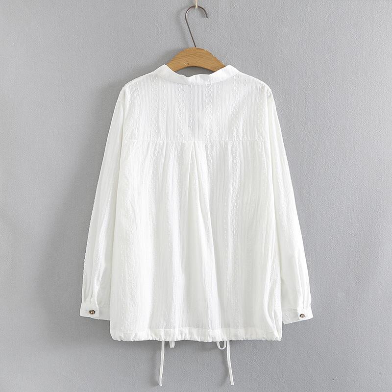 Women Clothing Shirts Autumn Jacquard Cotton Loose Casual Drawstring