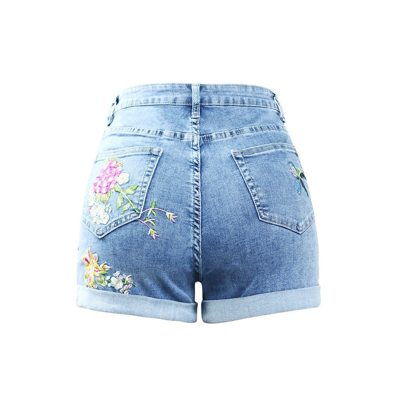 Summer Embroidery Floral Shorts Women`s Stretchy Denim Shorts For Women