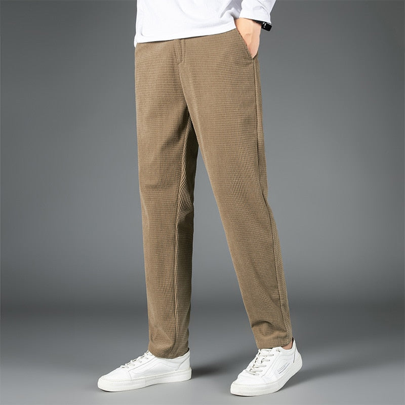 Autumn Casual Men Corduroy Pants Khaki Straight Loose Solid Waffle Trousers