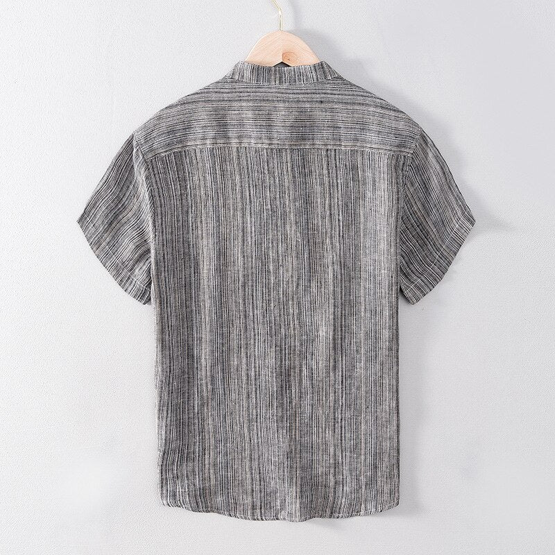Summer Men Striped T-Shirts Healthy Linen Breathable Comfortable Causal Youth Short Sleeve Button Thin Stand Collar Tees