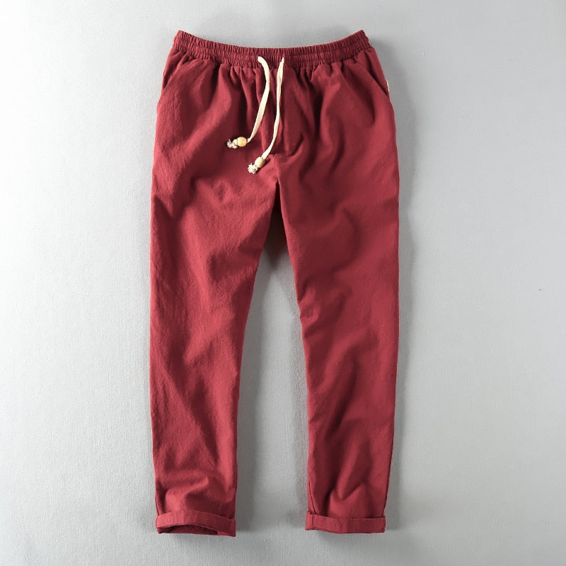 Men Linen Pants Casual Style Simple Sport Jogger Slim-Fit Thin Drawstring Stretch Waist Straight Ankle-Length Trouser