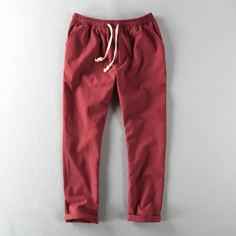 Men Linen Pants Casual Style Simple Sport Jogger Slim-Fit Thin Drawstring Stretch Waist Straight Ankle-Length Trouser