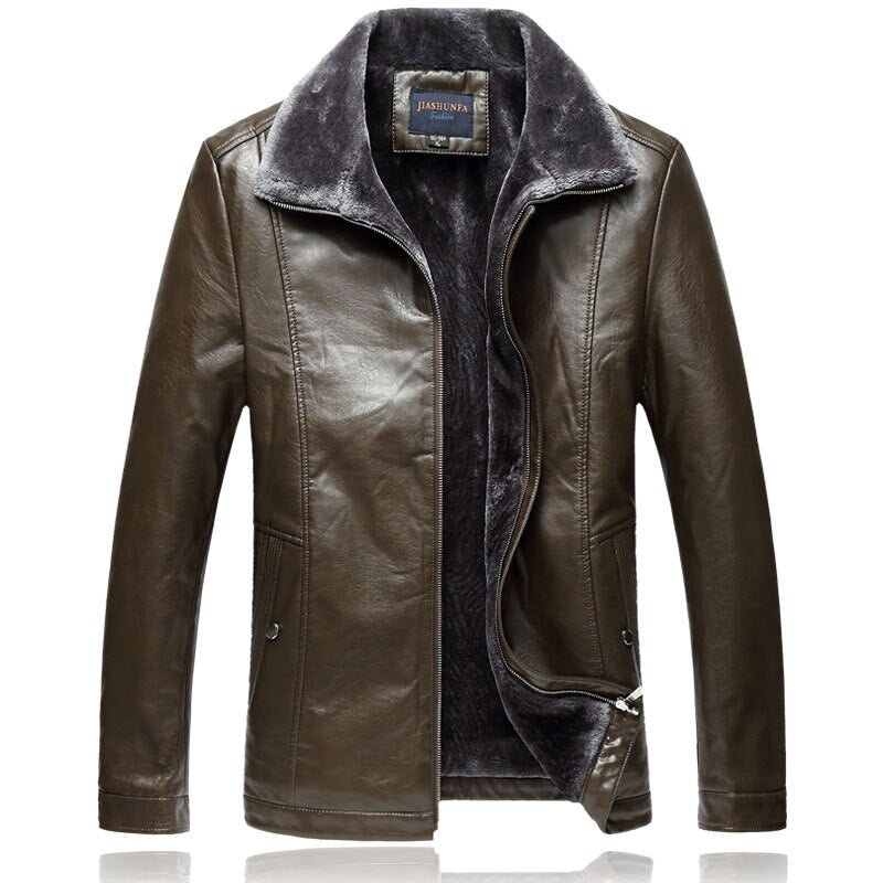 Winter Long Fleece Fur Collar Men Leather Jacket Parka Coat Overcoat Velvet Warm Casual Outwear Windbreaker
