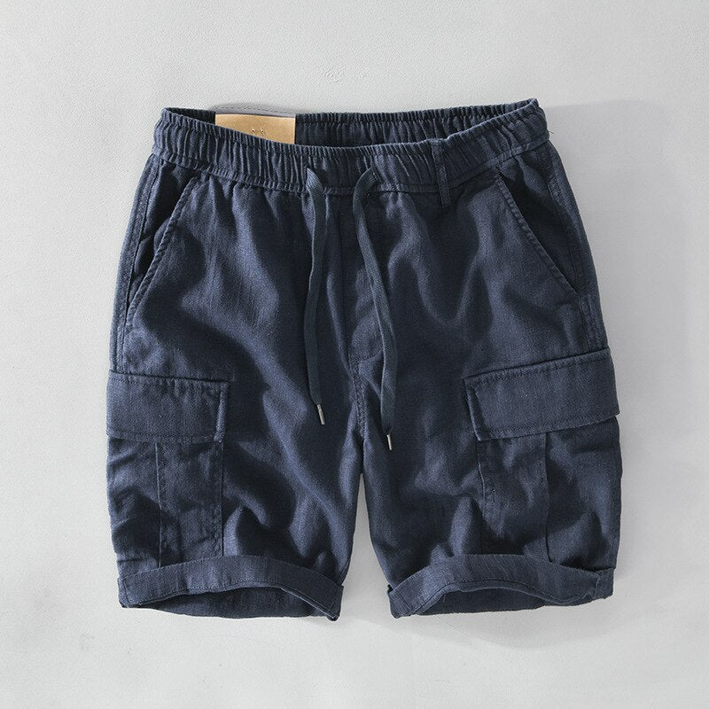 Spring Summer Men Cargo Shorts Casual Minimalist Style Sport Multi-Pocket Drawstring Elastic Waist Cotton Linen Zipper