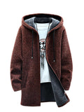 Fleece-lined Sweatercoat for Men Zipper Long Hooded Cardigan Solid Thicken Outerwear Fall Winter Warm Jackets Sweater