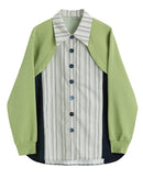 Women Green Striped Blouse New Lapel Long Sleeve Loose Fit Shirt Spring Autumn