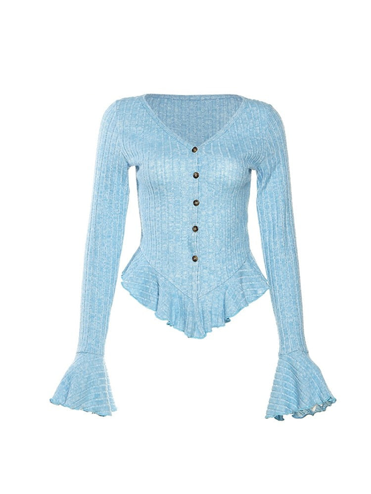 Women T-Shirt Basic Solid Color Long Sleeve V-Neck T Shirt Blue Vintage Tee Top