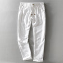 Pure Linen Men Casual Pants Solid White Straight Breathable Comfortable Full Length Trousers Male Autumn