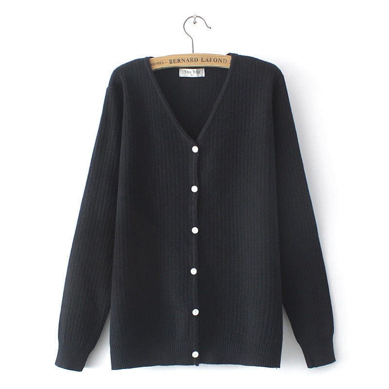 Women Knitted Cardigan Temperament Pure V-Neck Jumpers Autumn Basic Long Sleeve Curve Sweater
