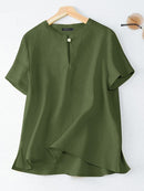 Solid Shirt Female Button Down Loose Tops Summer Short Sleeve Blouse Woman Stylish Pure Cotton O-Neck Shirt