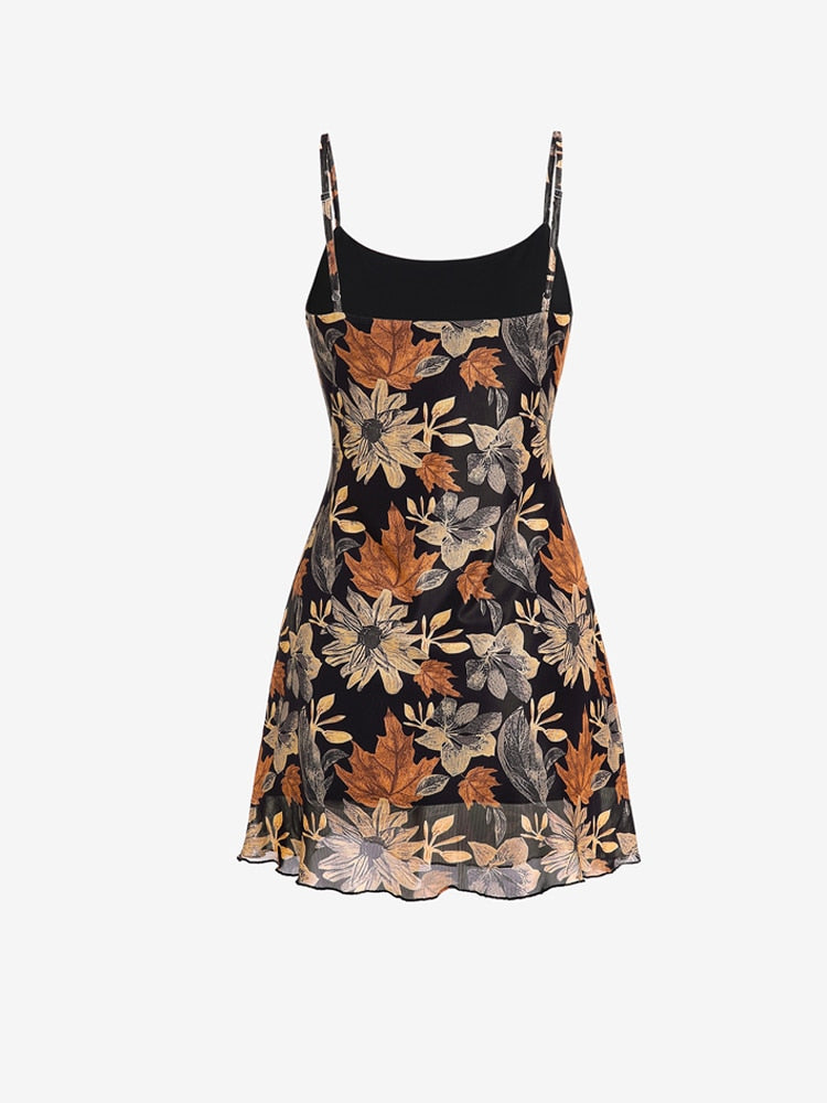 Floral Mesh Overlay Mini Cami Dress Adjustable Shoulder Strap Spaghetti Silhouette  A-Line for Women Clothes