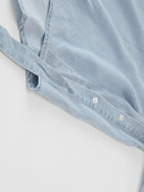 Women Light Blue Denim Ribbon Blouse New Lapel Long Sleeve Loose Fit Shirt Spring Autumn