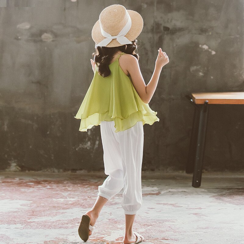 Summer Kids Girls Outfits Jogger Set Children Chiffon Suspenders Tops and White Loose Pants Korean Teenage Two Piece Clothes Set