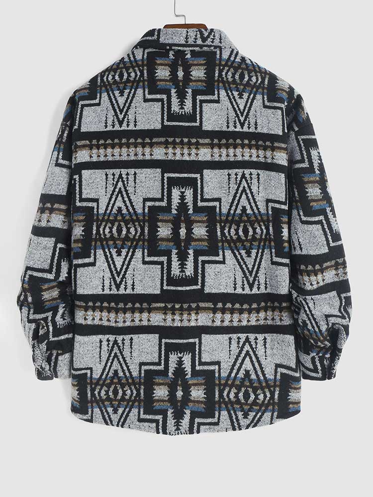 Mens Jackets Wool Blend Aztec Print Coats Vintage Jacket Shirt with Pocket Streetwear Shacket Fall Winter Warm