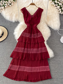 Women Elegant Long Dress Summer Ruffle Pleated Beach Dresses Ladies Slim Layer Dress