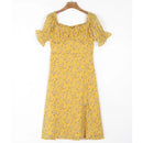 Summer Elegant Yellow Floral Dress Women French Vintage Chiffon Jacquard Weave Sexy Dress