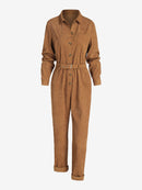 Corduroy Buckle-belted Shirt-style Jumpsuit Solid Long Sleeves Overalls Fall Outfits Women
