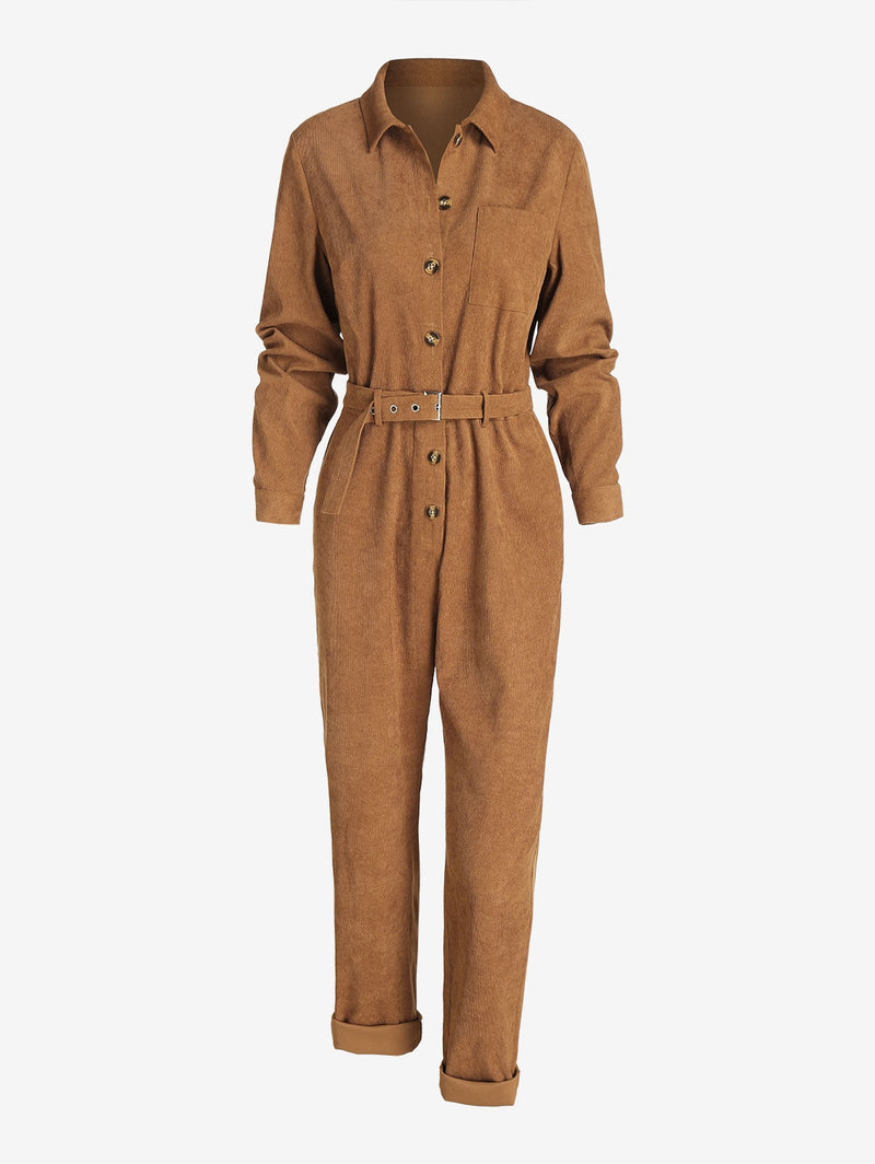 Corduroy Buckle-belted Shirt-style Jumpsuit Solid Long Sleeves Overalls Fall Outfits Women