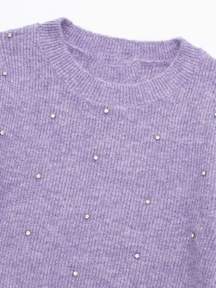 Women Diamonds Round Neck Knitted Pullover Solid Color Long Sleeve Ruffle Sweater Casual Style Winter
