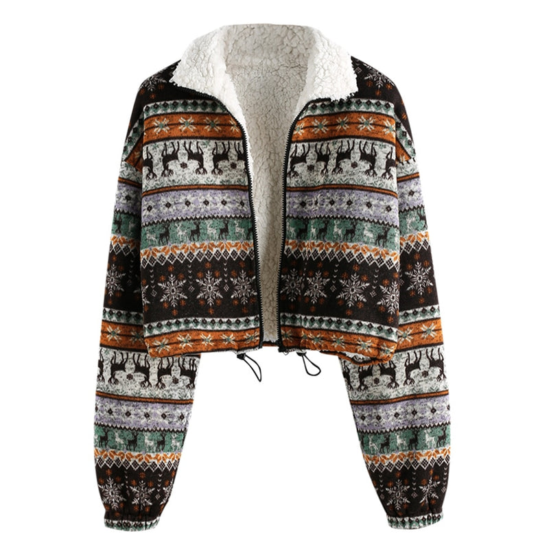 Drawstring Faux Shearling Knit Jacket Women Zip Up Drop Shoulder Coat Winter Warm Casual Outwear