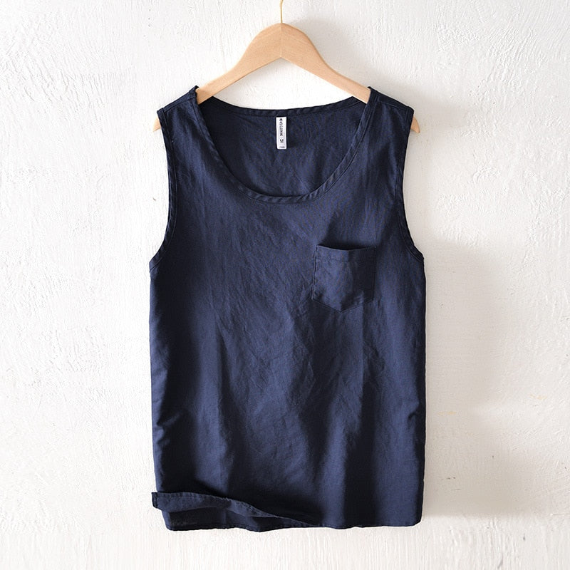 Summer Vintage Sleeveless Men Cotton Linen Thin Vest Gym Workout Waistcoat Outdoor Casual Tanks