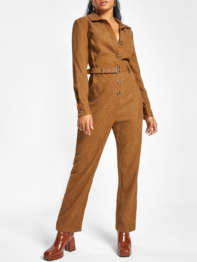 Corduroy Buckle-belted Shirt-style Jumpsuit Solid Long Sleeves Overalls Fall Outfits Women