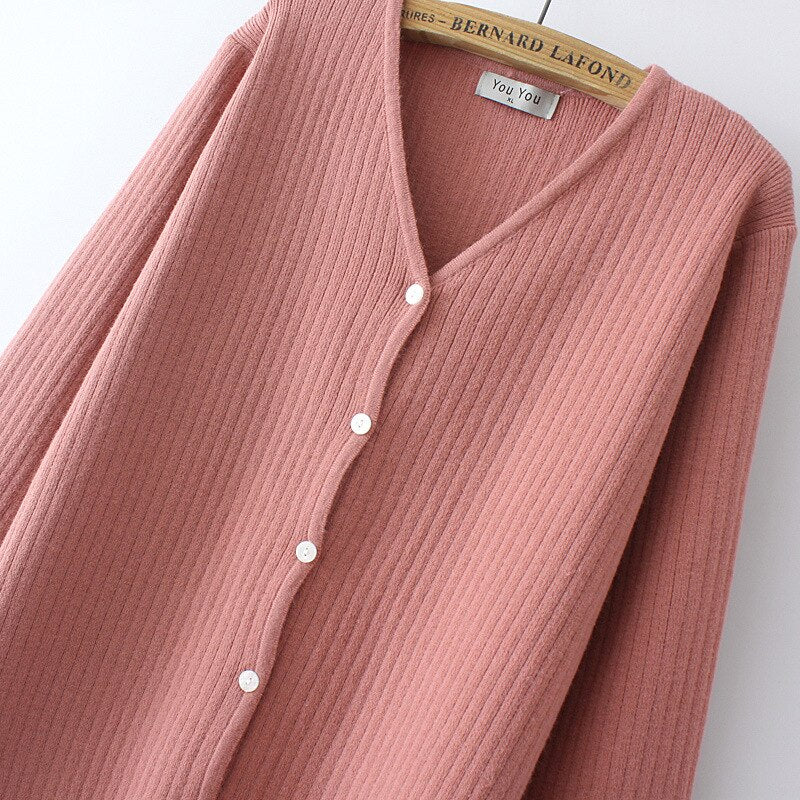 Women Knitted Cardigan Temperament Pure V-Neck Jumpers Autumn Basic Long Sleeve Curve Sweater