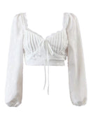 Woman Sweet Cute Jacquard Lace-up Tube Top Short Blouse Summer Long Sleeve Backless Crop Top Shirt