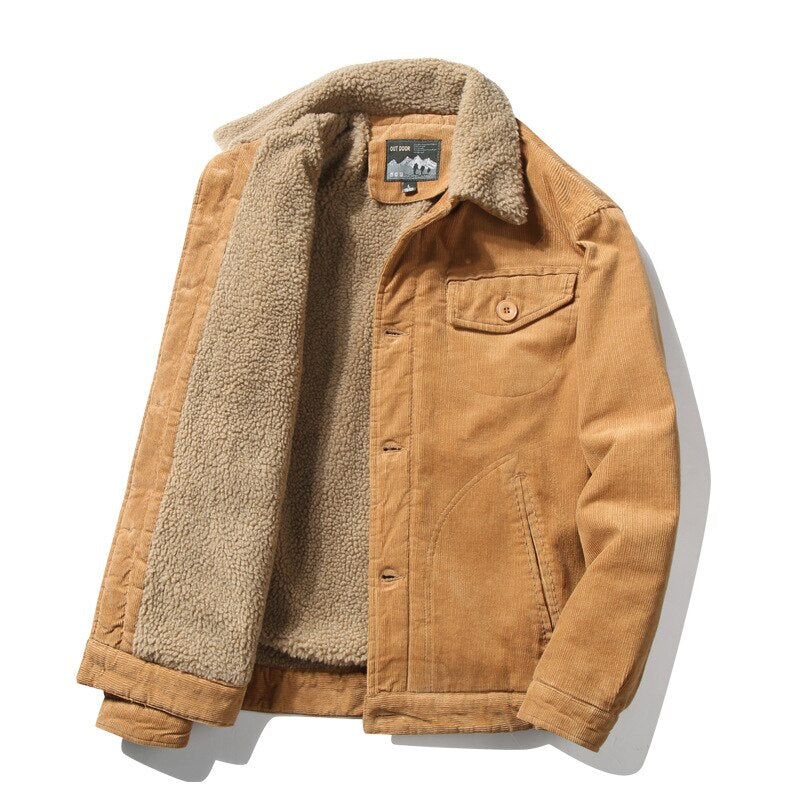 Warm Corduroy Mens Jackets Winter Coats Fur Collar Pockets Military Jacket Casual Jacket Outwear Male Thermal Army Black Brown