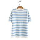 Tee For Women Clothing Hollow Out Tops Sweet Stripe Short Sleeve Thin Ice Silk Knitting Tee