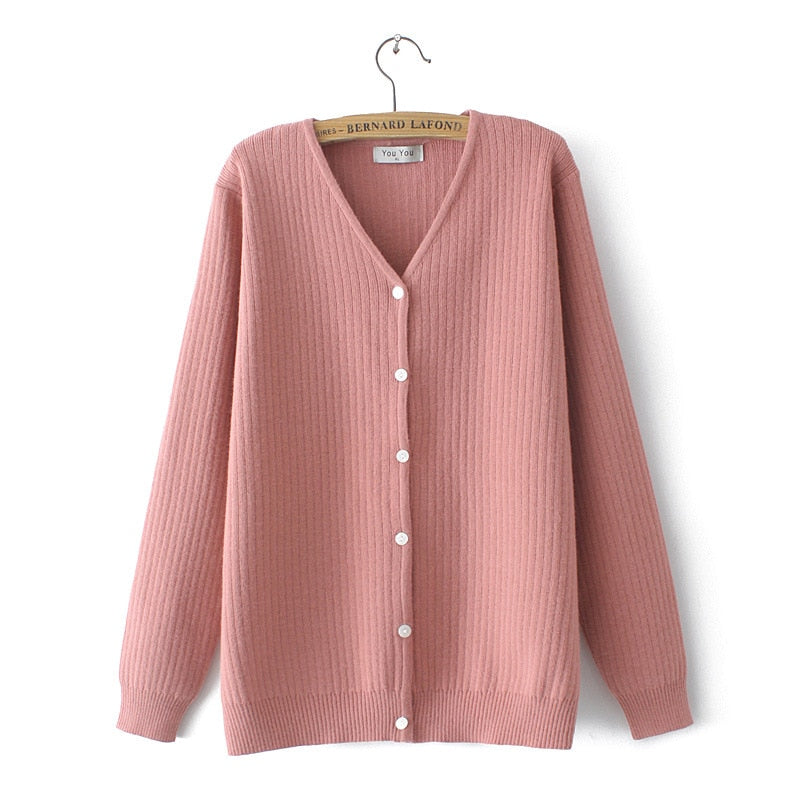 Women Knitted Cardigan Temperament Pure V-Neck Jumpers Autumn Basic Long Sleeve Curve Sweater