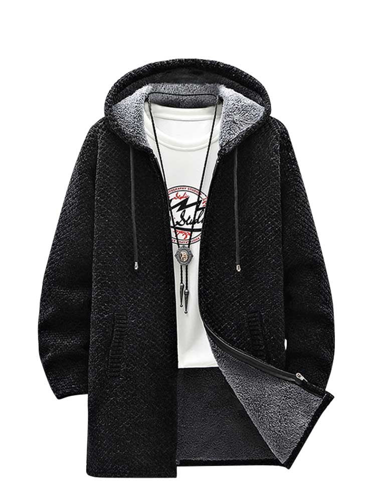 Fleece-lined Sweatercoat for Men Zipper Long Hooded Cardigan Solid Thicken Outerwear Fall Winter Warm Jackets Sweater