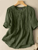 Casual Lace Patchwork Blouse Summer Half Sleeve O-Neck Tops Female Pure Cotton Pleated Design Vintage Tops