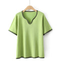 T-Shirt For Women Clothes Casual Ice Silk Knitted Tops Peach Collar Contrast Tee Summer