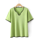 T-Shirt For Women Clothes Casual Ice Silk Knitted Tops Peach Collar Contrast Tee Summer