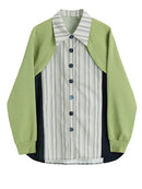 Women Green Striped Blouse New Lapel Long Sleeve Loose Fit Shirt Spring Autumn