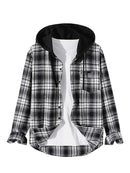 Men Shirts Long Sleeves Hooded with Pocket Flannel Plaid Shacket Shirt Casual Streetwear Fall Overshirt Tops