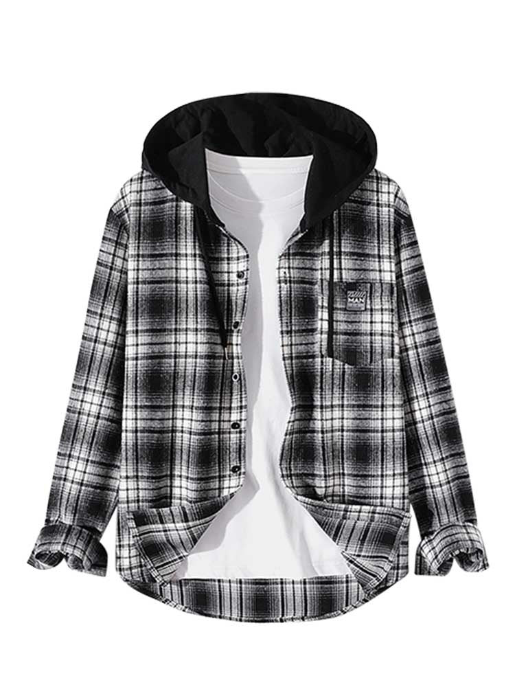 Men Shirts Long Sleeves Hooded with Pocket Flannel Plaid Shacket Shirt Casual Streetwear Fall Overshirt Tops