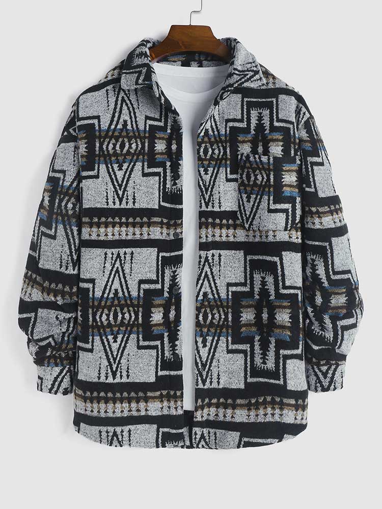 Mens Jackets Wool Blend Aztec Print Coats Vintage Jacket Shirt with Pocket Streetwear Shacket Fall Winter Warm